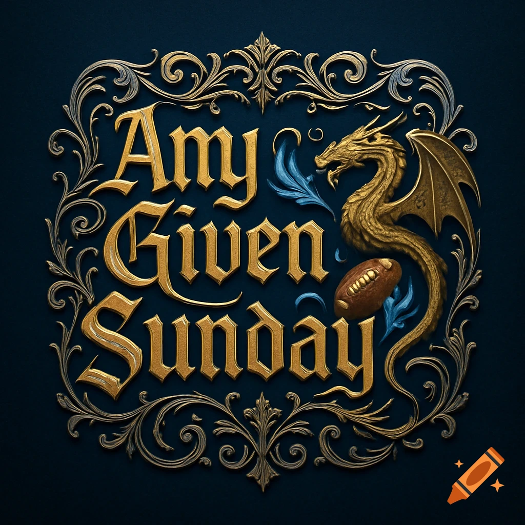 Ornate golden logo featuring the text 'Any Given Sunday', a golden dragon, and a football on a dark blue background.