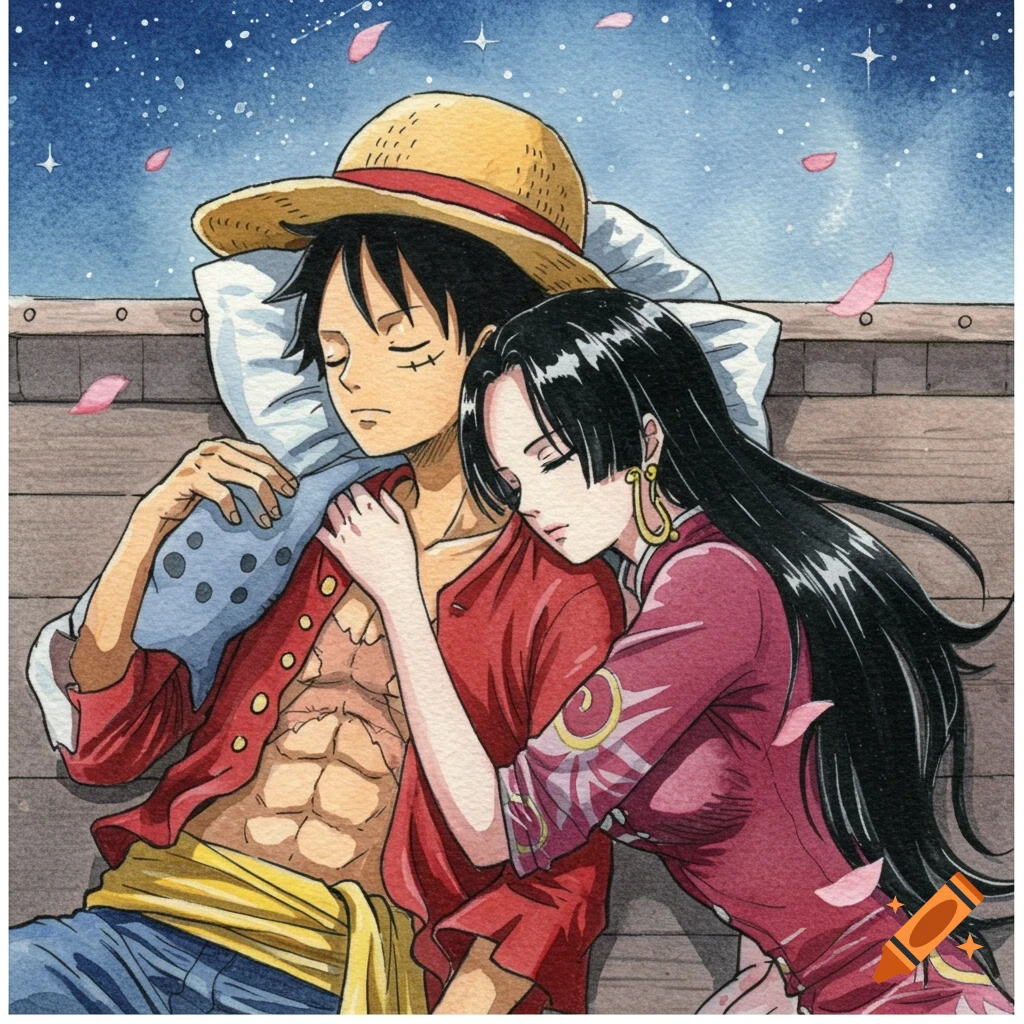 Watercolor painting of Luffy and Hancock from One Piece sleeping together under a starry night sky.