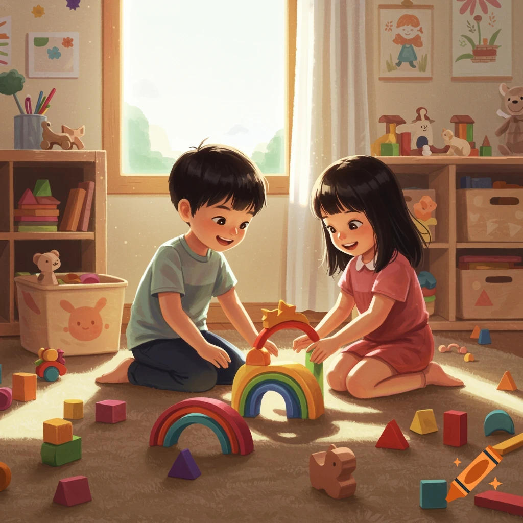 Two smiling children playing with colorful wooden blocks and rainbow toys on a rug in a sunny playroom, illustrated style.