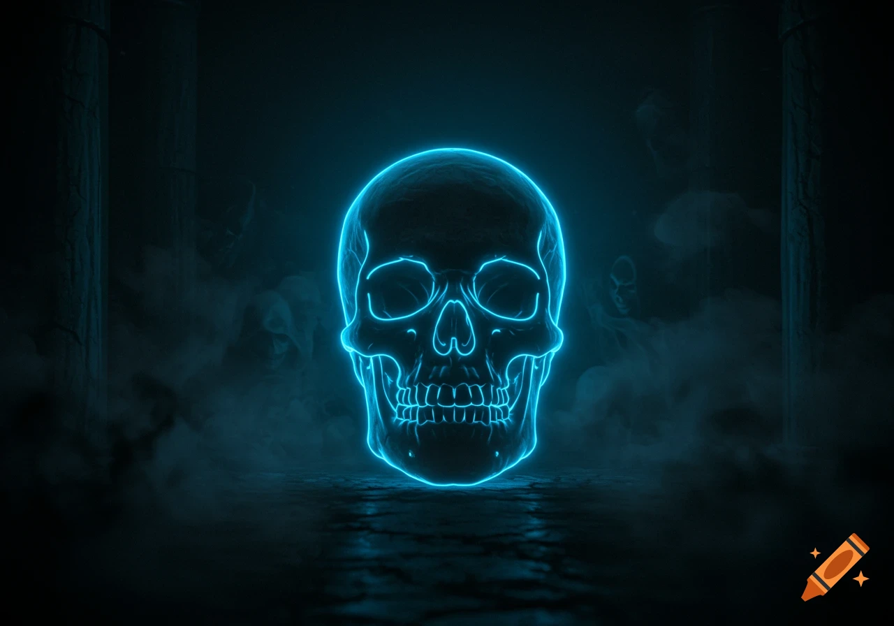 A digital art image of a glowing blue neon skull centered in a dark, smoky environment with reflections on the floor.