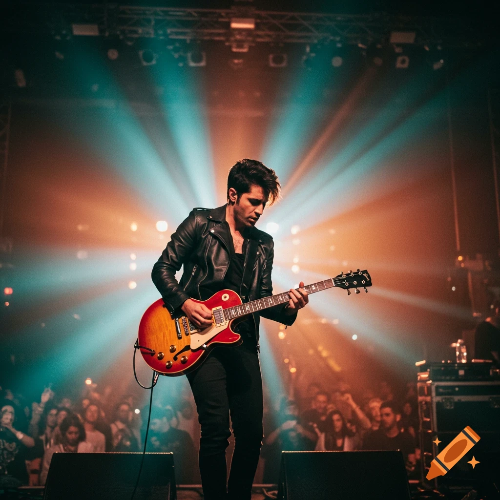 A male guitarist in a leather jacket plays an electric guitar on a brightly lit stage during a concert, with a blurred audience in the background.