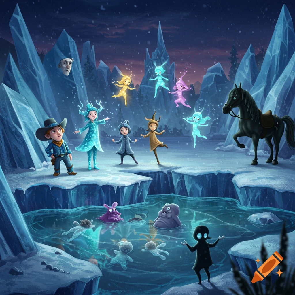 Cartoon characters in an icy fantasy landscape with glowing sprites, a cowboy, a horse, and creatures in a frozen lake.