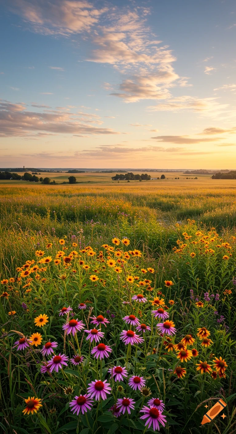 Photorealistic prairie landscape with vibrant pink and yellow wildflowers in the foreground under a golden sunset sky.