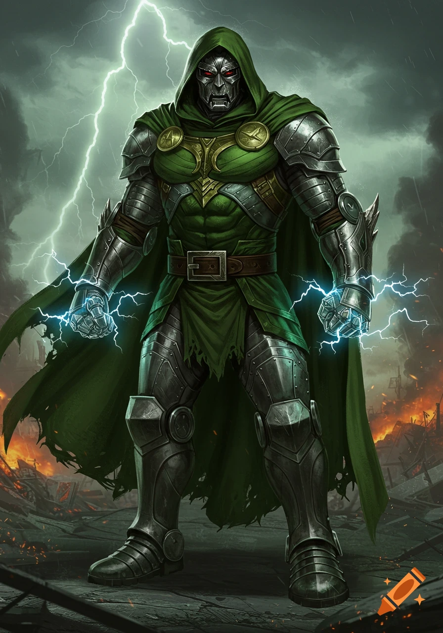 A powerful armored figure resembling Dr. Doom or Doomsday stands amidst lightning and a fiery, ruined landscape, crackling with energy.