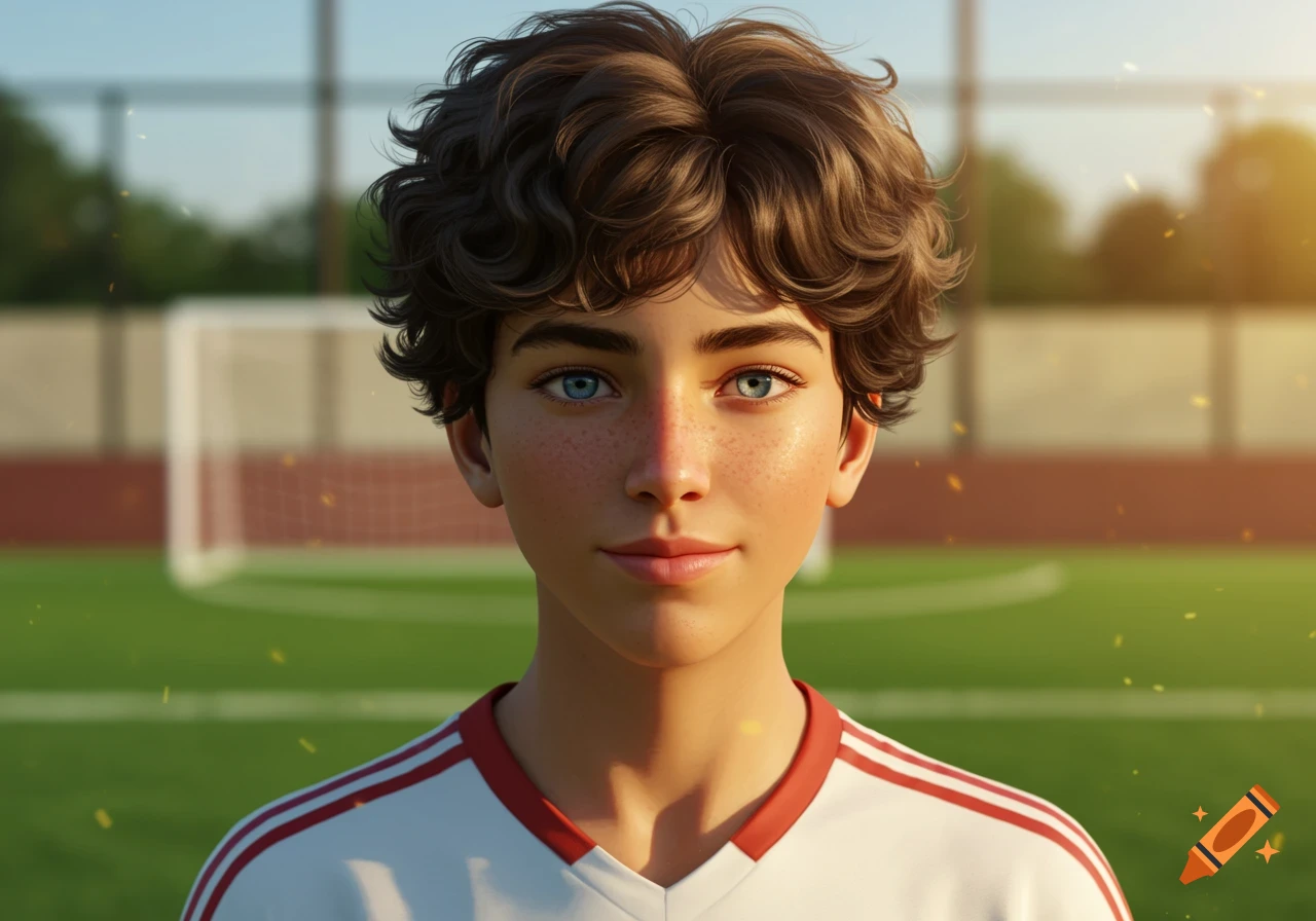 Close-up portrait of a young boy with curly dark hair and blue eyes, wearing a white and red soccer jersey, on a blurred soccer field at sunset.