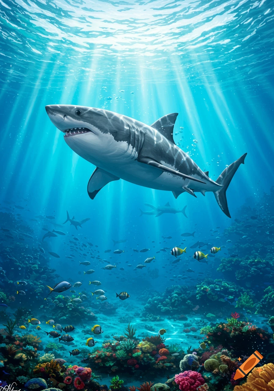 A photorealistic great white shark swims over a colorful coral reef with smaller fish, bathed in sun rays piercing the blue ocean.
