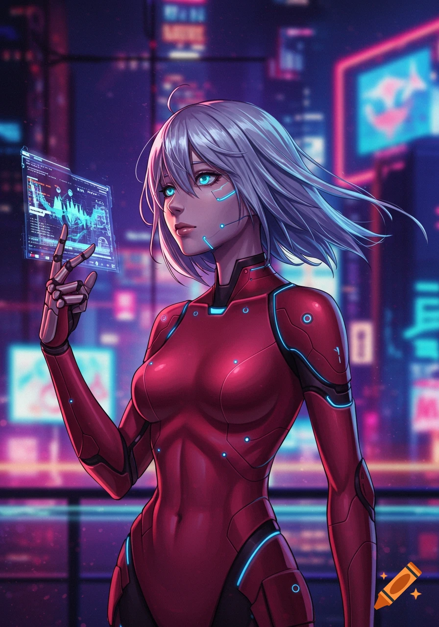 An anime-style female cyborg in a red suit stands in a neon-lit city, interacting with a holographic screen.