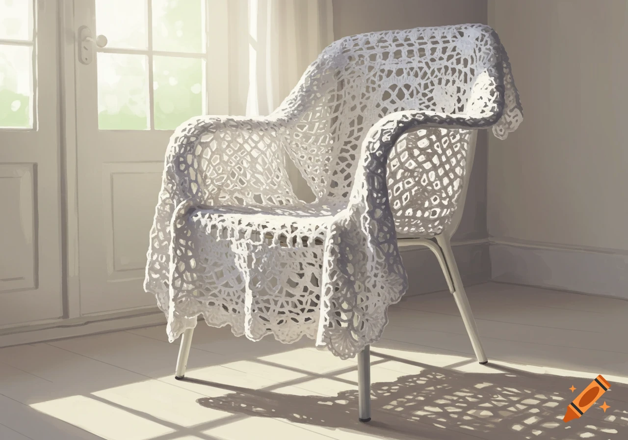 A white chair draped with a white crochet blanket in a sunlit room, with patterned shadows on the light floor.