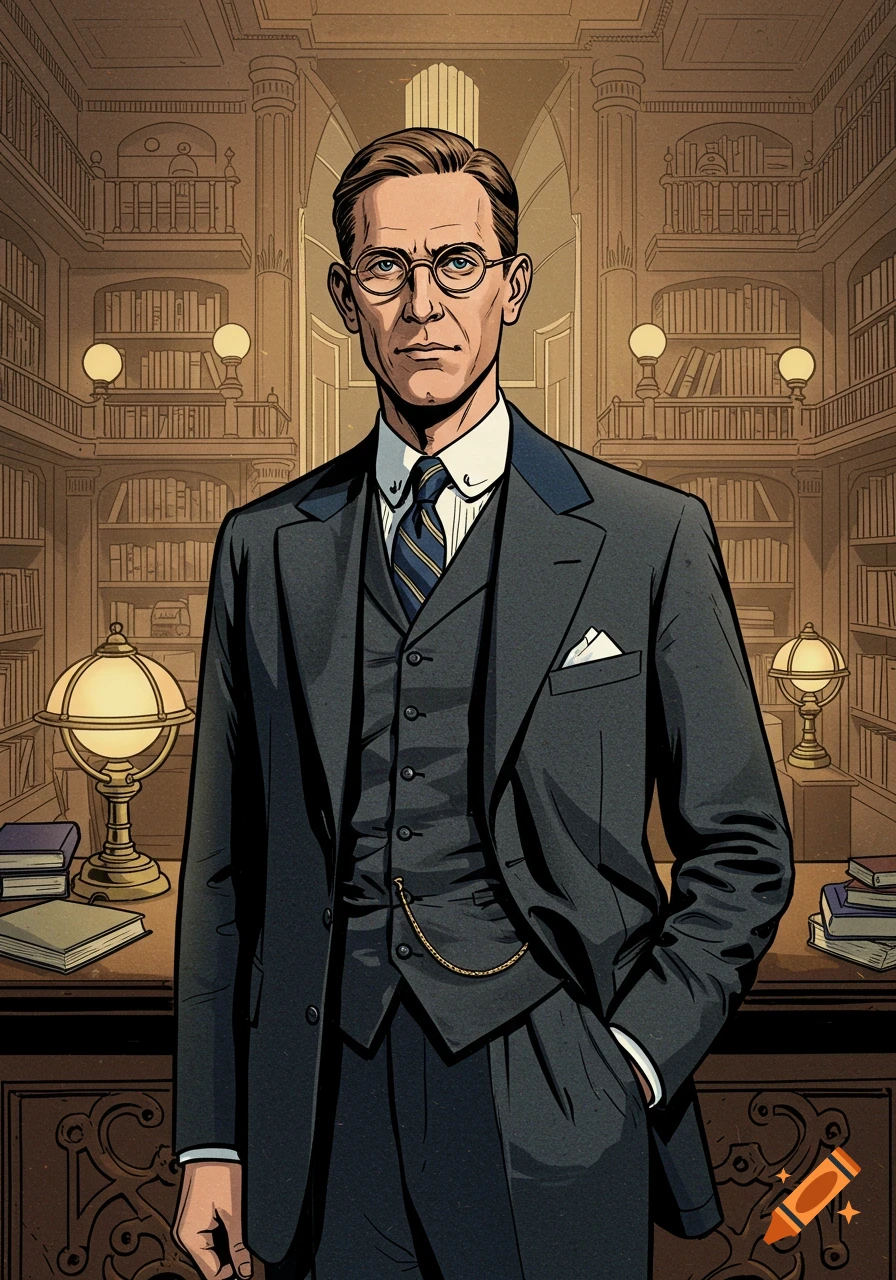 A man in a 1920s suit and glasses stands in a grand library, graphic novel style illustration.