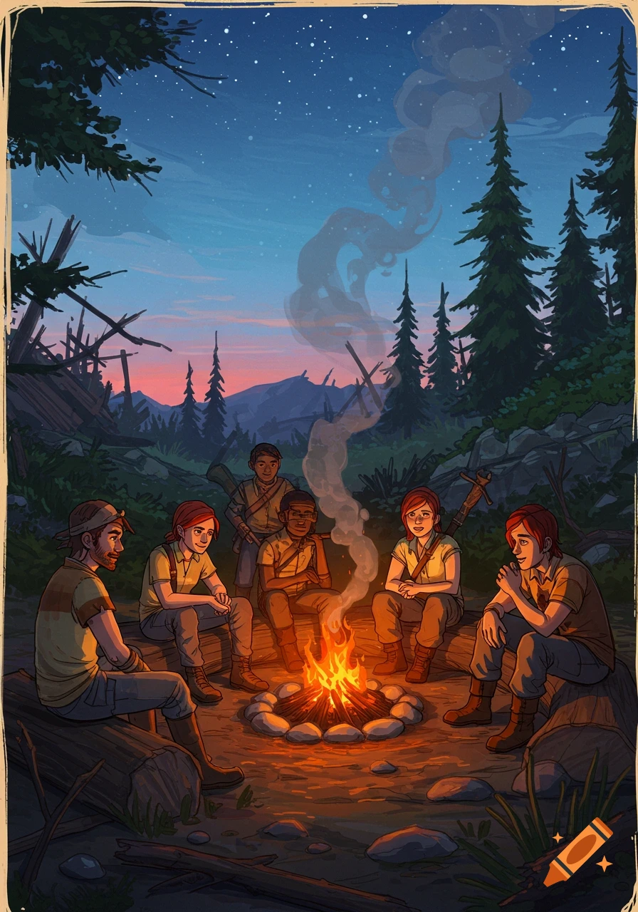 Stylized drawing of diverse friends sitting around a campfire in a forest at dusk, mountains and stars visible in the background.
