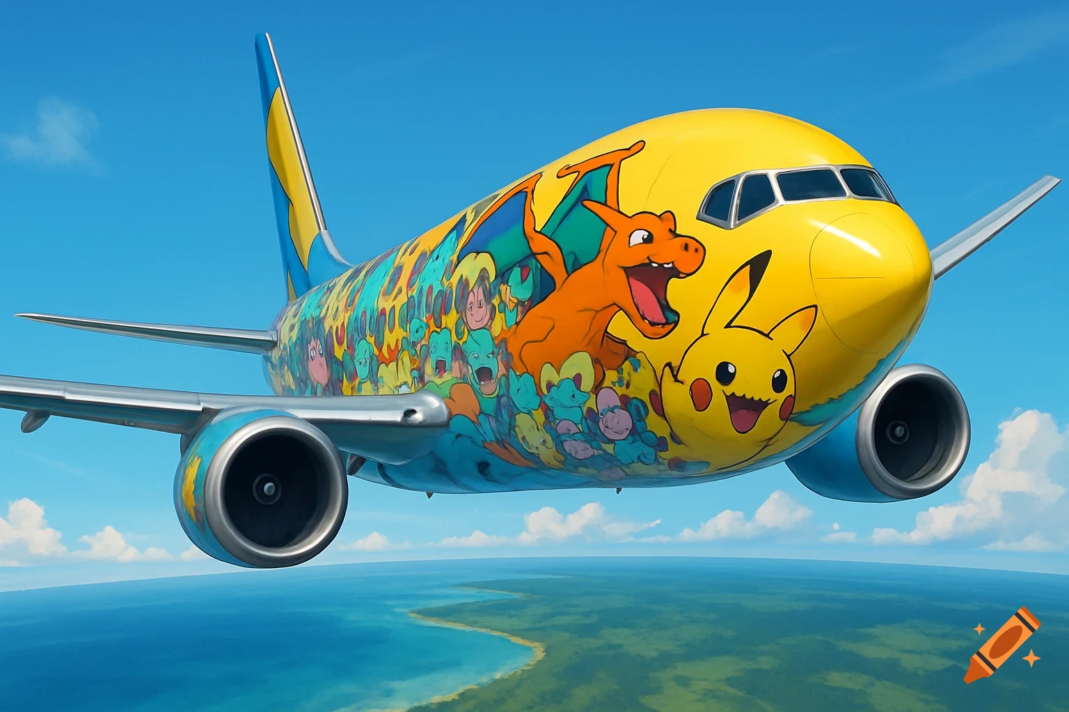 A yellow and blue airplane, decorated with Charizard, Pikachu, and other Pokémon, flies over a blue ocean and green land.