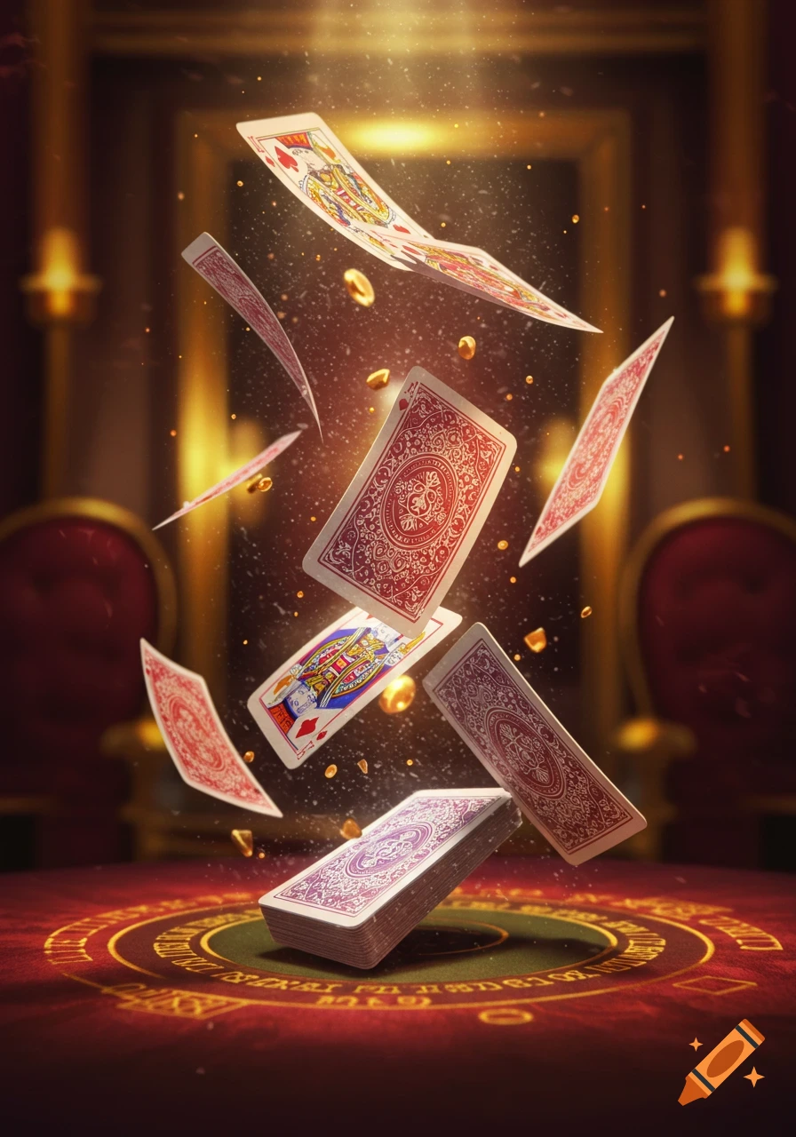 Floating playing cards and gold coins above a luxurious red and green card table, with dramatic lighting. The cards include a King of Spades and Queen of Hearts.