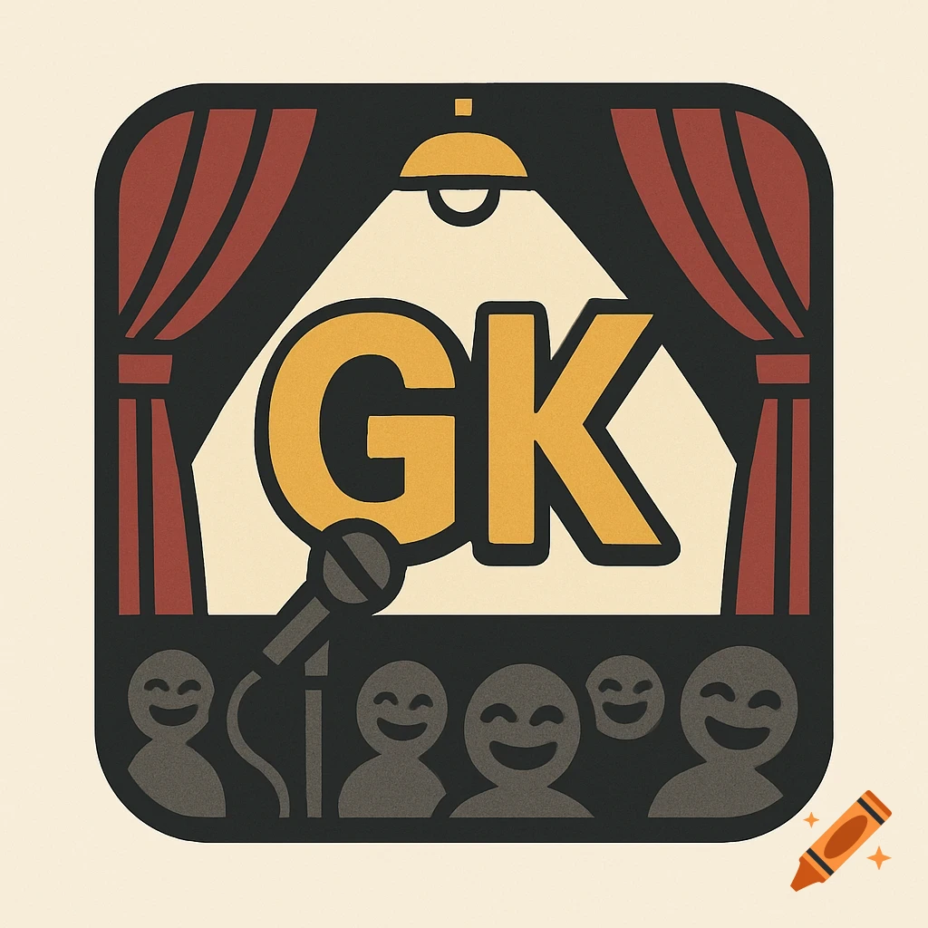 Stylized logo for stand-up comedy with large 'GK' letters, a spotlight, curtains, microphone, and smiling audience silhouettes.
