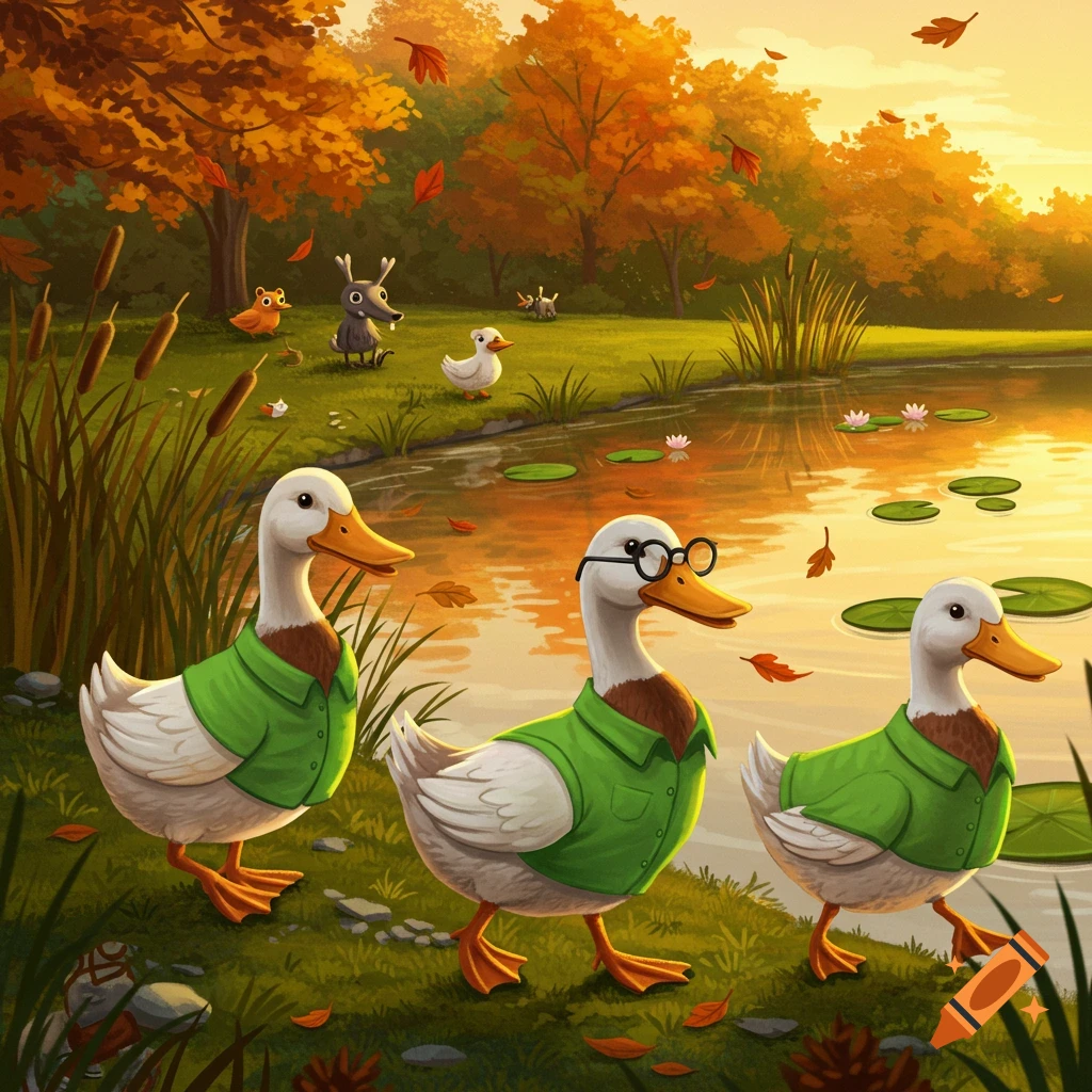 Three cartoon ducks wearing green shirts walk along a pond with autumn trees and falling leaves in the background.