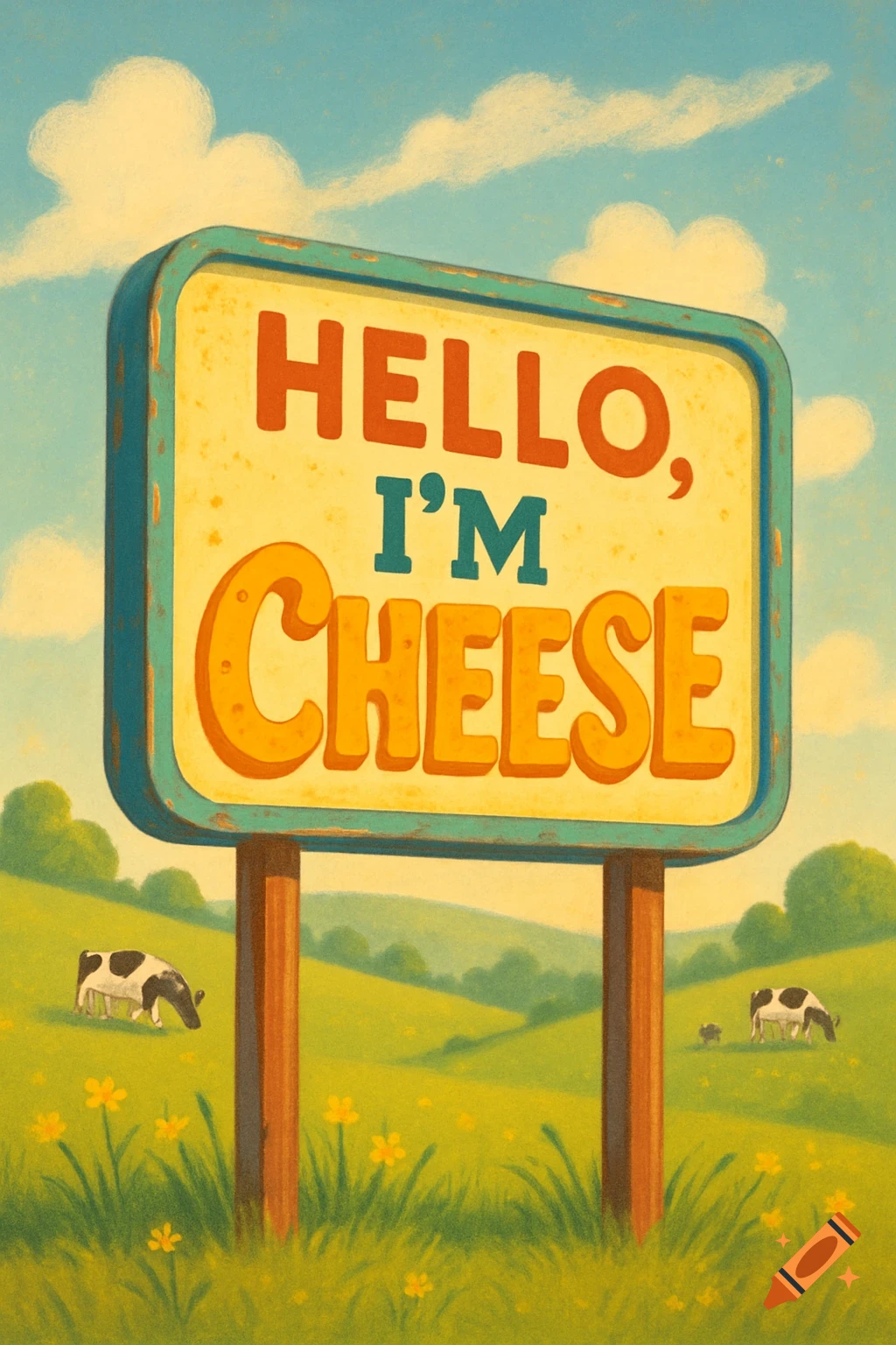 A whimsical illustration of a sign saying 'HELLO, I'M CHEESE' in a green, rolling countryside with cows grazing under a blue sky.