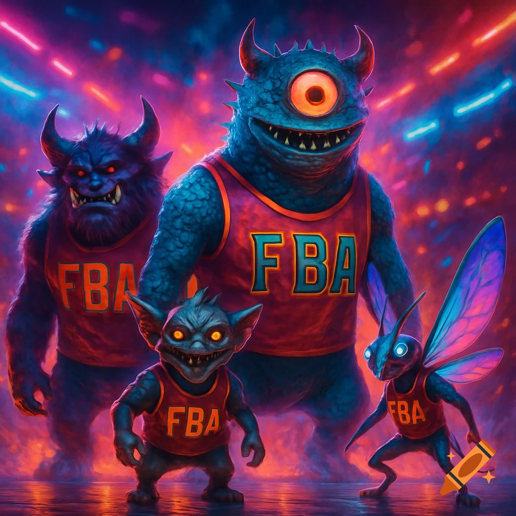 Four colorful, stylized fantasy monsters in red jerseys with 'FBA' text, against a vibrant purple and orange background with neon lights.