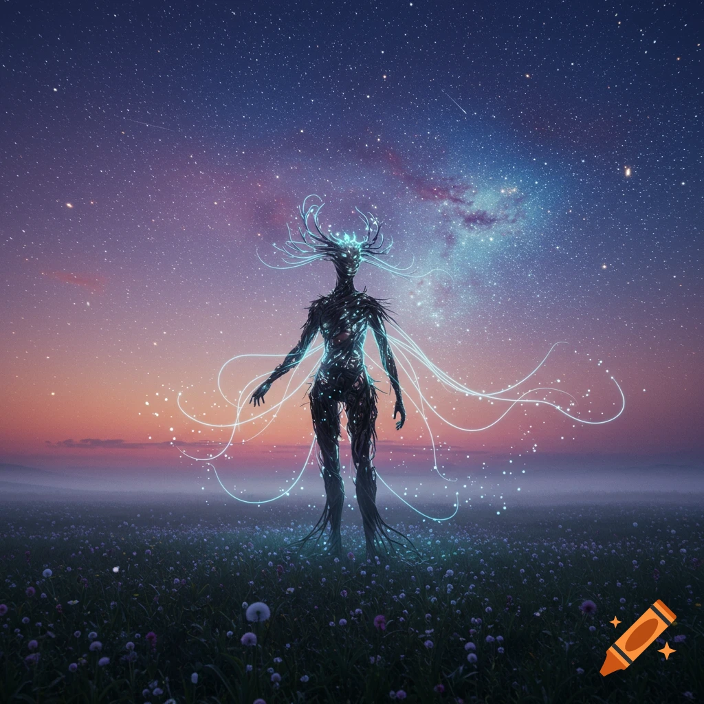 An ethereal, dark, twig-like figure with glowing blue lines stands in a field of flowers under a starry cosmic sky.