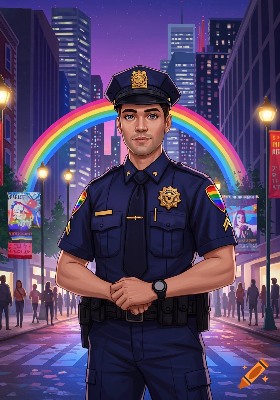 An illustration of a police officer in uniform standing in a city street at night, with a rainbow arching in the background and diverse people in silhouette.