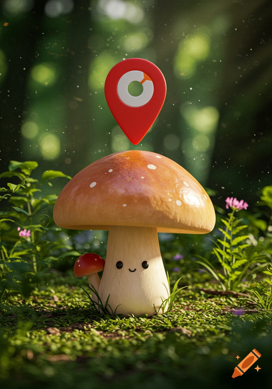 A cute, smiling mushroom character with a red map pin floating above its head in a lush, green forest.