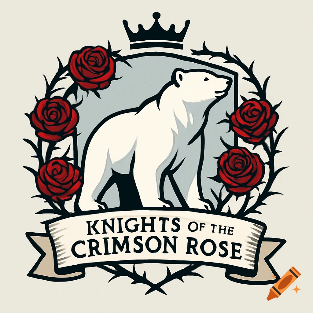 Stylized logo of a white polar bear within a thorny wreath of red roses, topped with a crown, and a banner reading 'Knights of the Crimson Rose'.