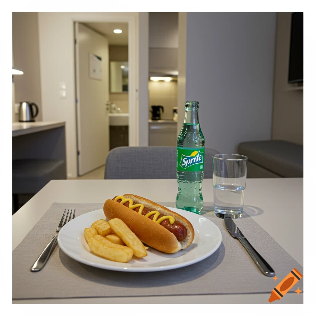 A photorealistic hotdog with mustard and fries on a plate with a Sprite bottle and water glass in a hotel room.