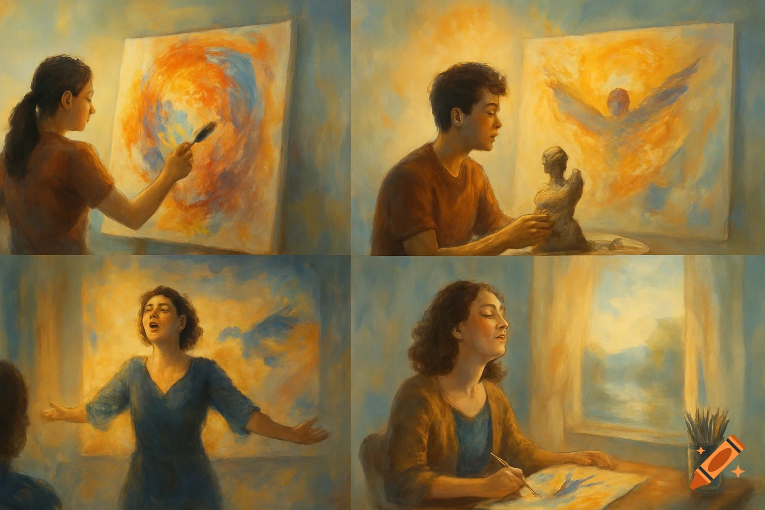 Four panels showing people creating art: a woman painting, a man sculpting, a woman singing, and another woman drawing, all in a warm, painterly style.