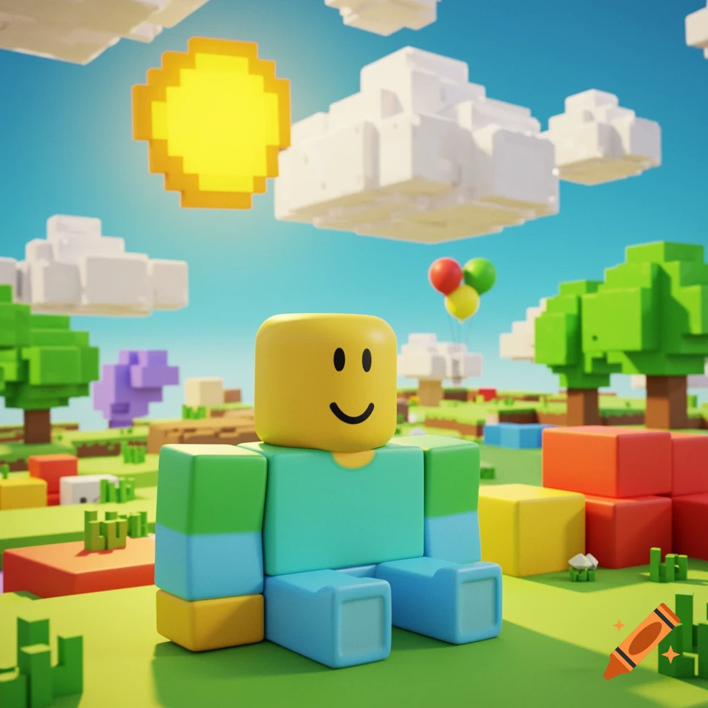 A stylized 3D render of a Roblox Noob character sitting in a colorful, blocky landscape with trees, clouds, and a pixel sun.
