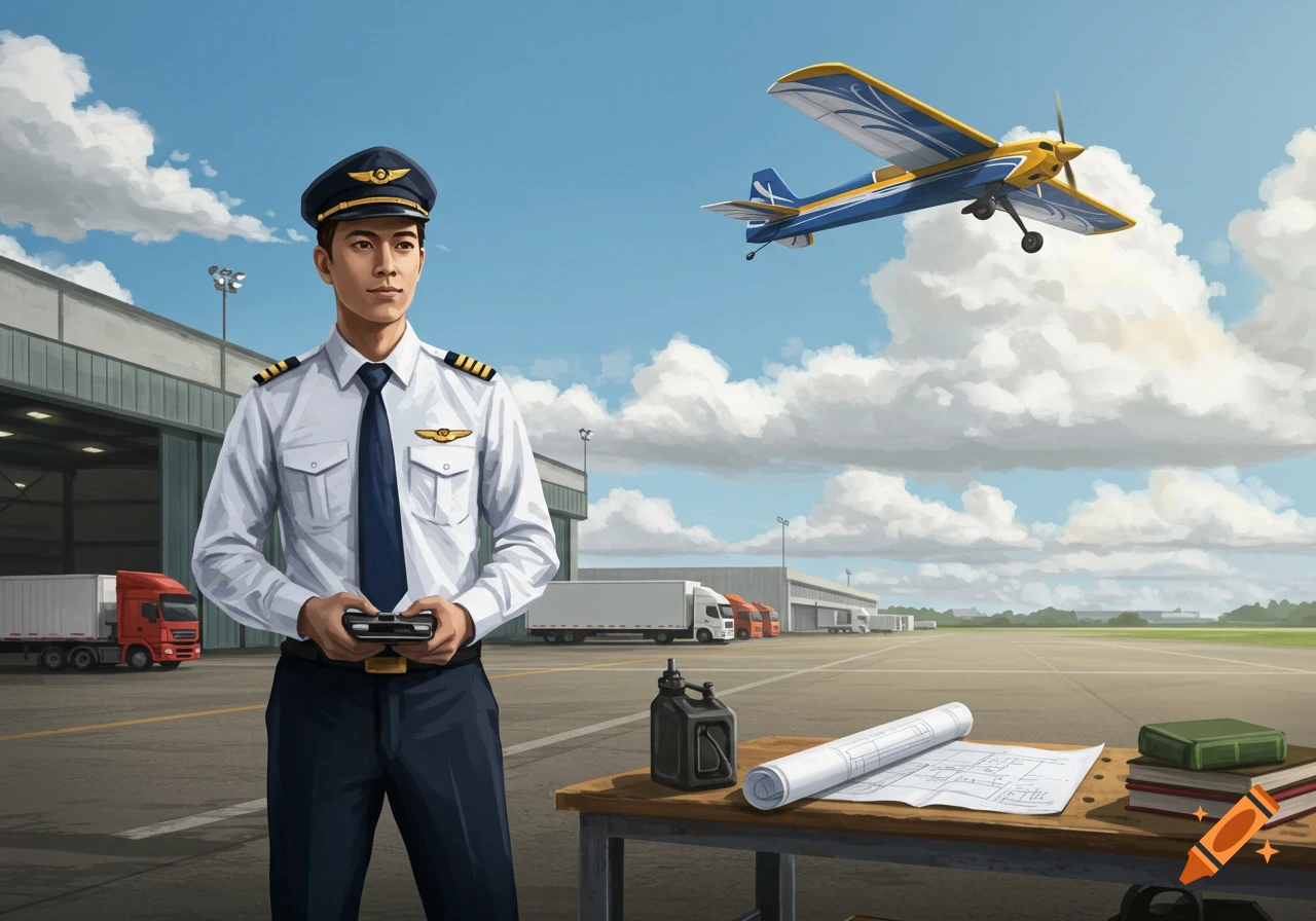 A pilot on an airport tarmac holds an RC plane controller as an RC plane flies overhead. Trucks and buildings are in the background. Illustrated style.