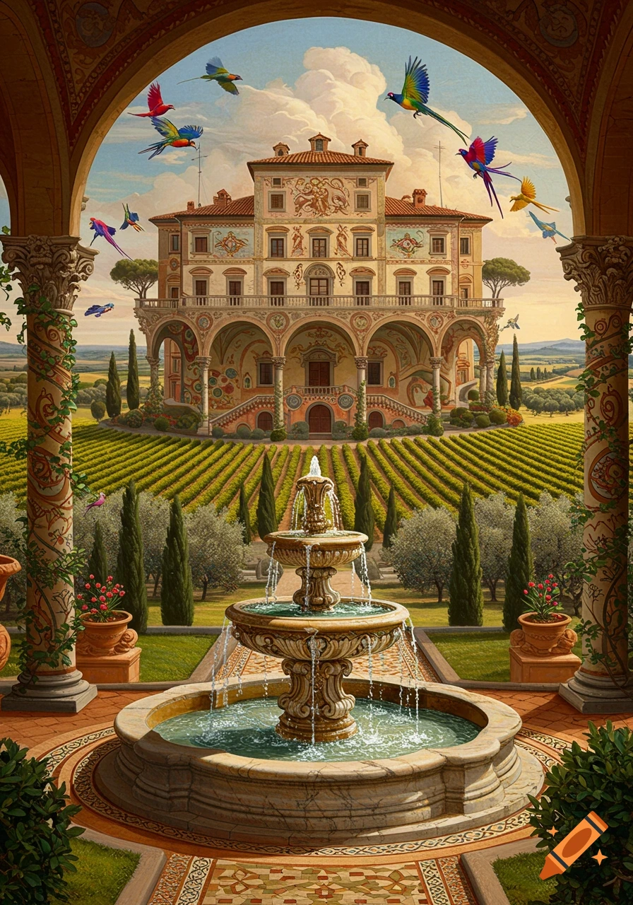 A grand Italianate villa, surrounded by vineyards and cypress trees, with a tiered fountain and colorful parrots flying under a sunny sky.