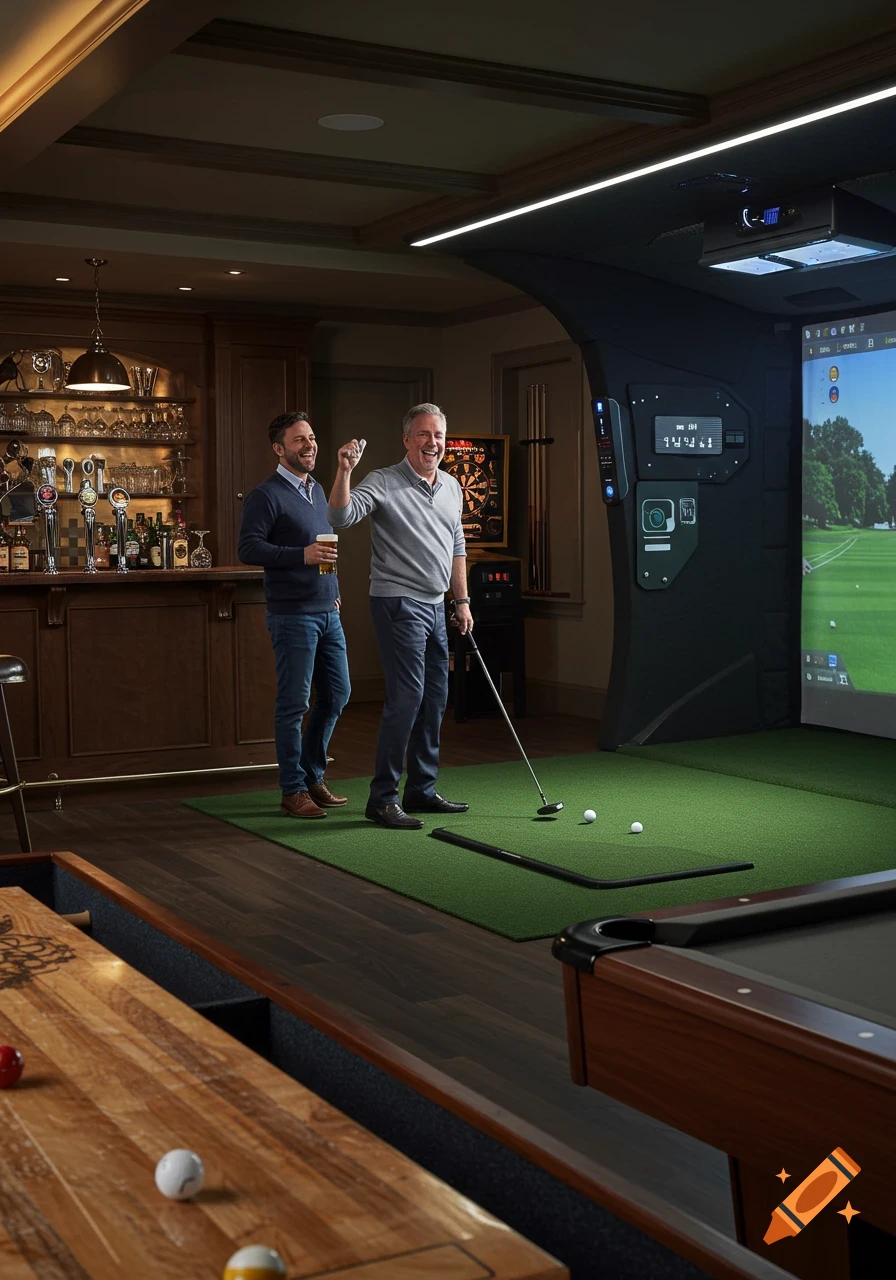 Two men enjoying a golf simulator in a luxurious man cave, featuring a bar, pool table, and dartboard.