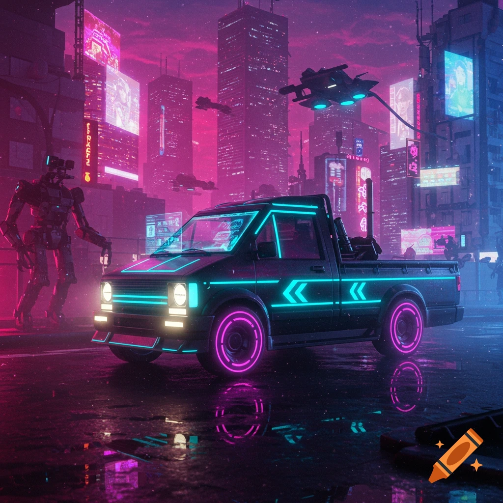 A dark cyberpunk city street at night with a futuristic truck outlined in neon blue and pink, a robot, and towering buildings with glowing signs.