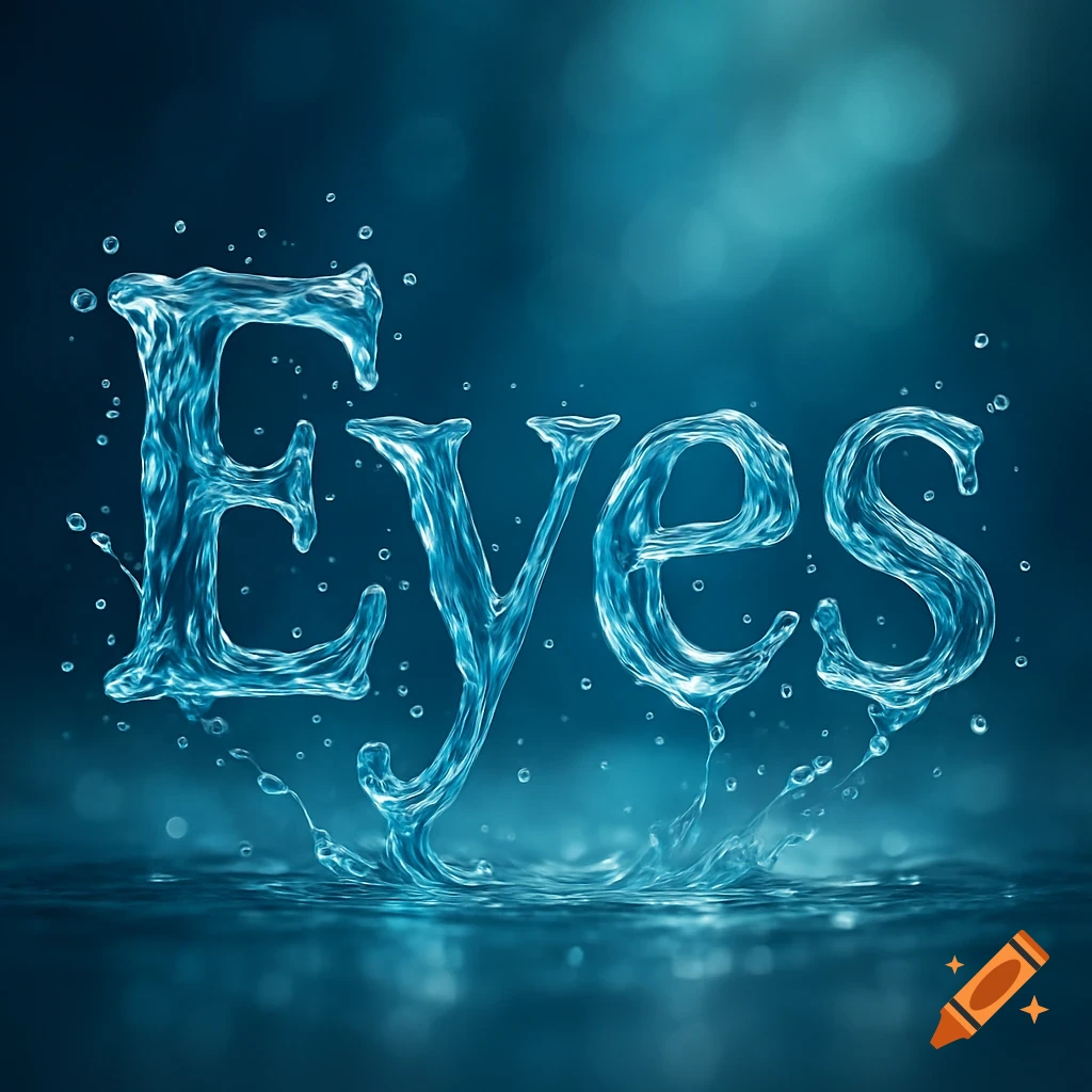 The word 'Eyes' rendered in shimmering blue water, with splashes and reflections on a dark blue background.