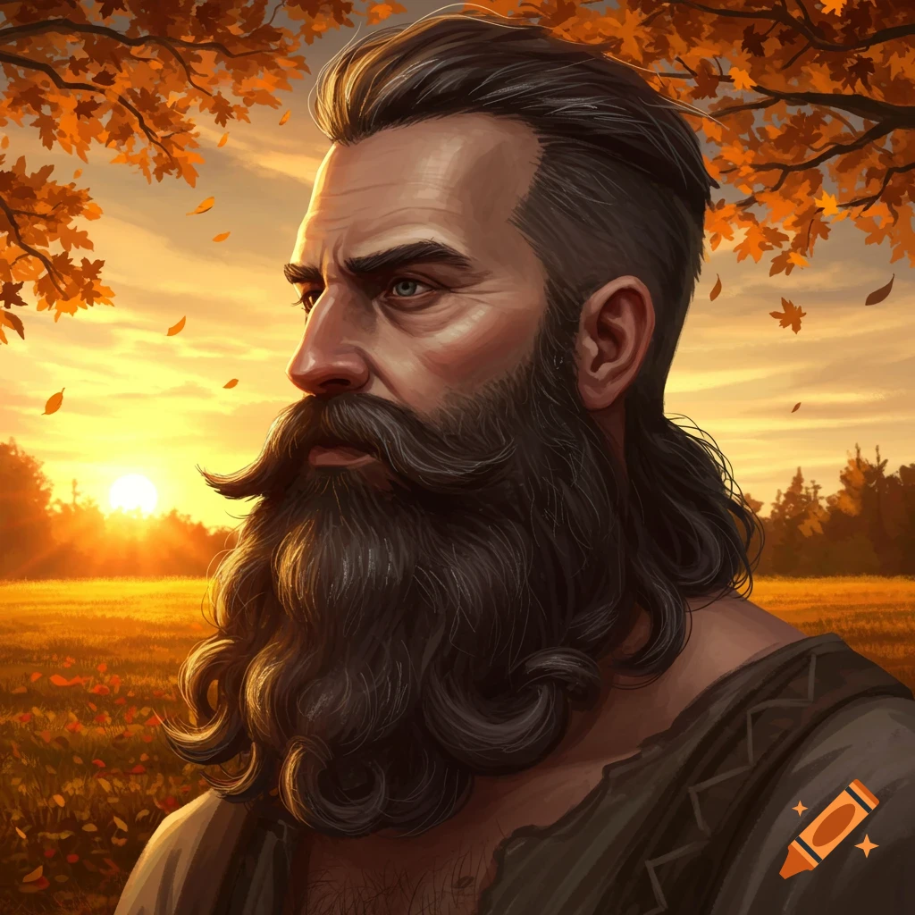 Illustrated portrait of a man with a long beard and mustache, looking left at an autumn sunset in a field with falling leaves.