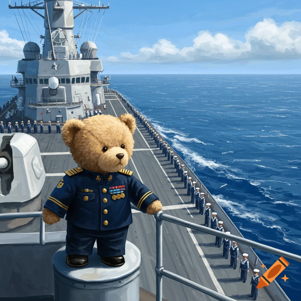 A teddy bear in a detailed naval uniform stands on a warship's deck, looking out at the ocean with rows of sailors.