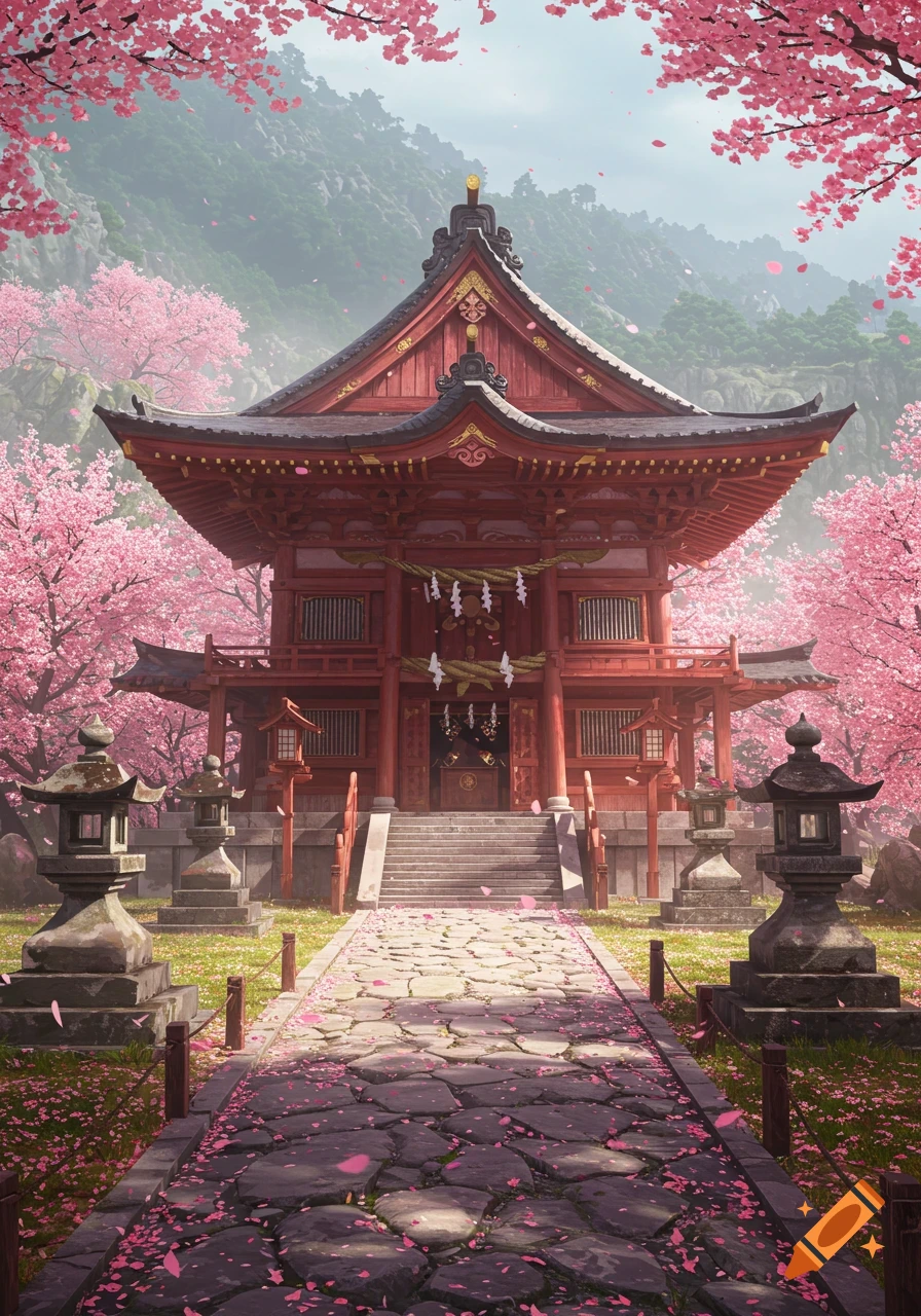 A grand red Japanese shrine surrounded by vibrant pink cherry blossoms and scattered petals on a stone path, with misty mountains in the background.