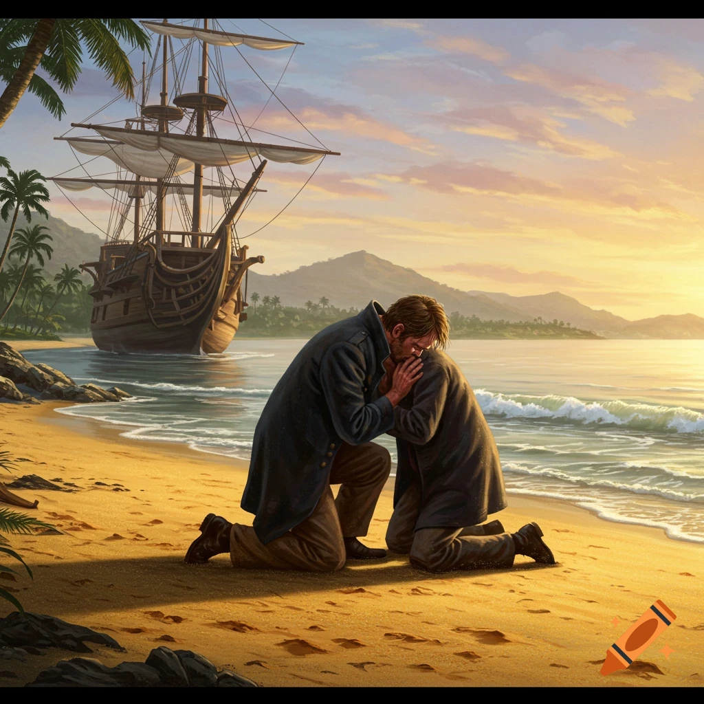 Two men kneel and embrace on a sandy tropical beach at sunset, with a large 1800s sailing ship in the water.