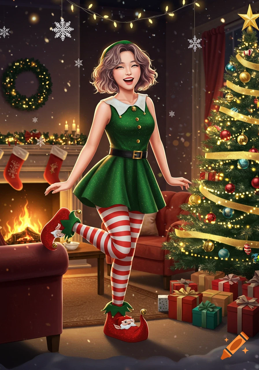 A smiling woman in an elf costume, with striped tights and pointy shoes, stands in a festive room with a Christmas tree and fireplace.