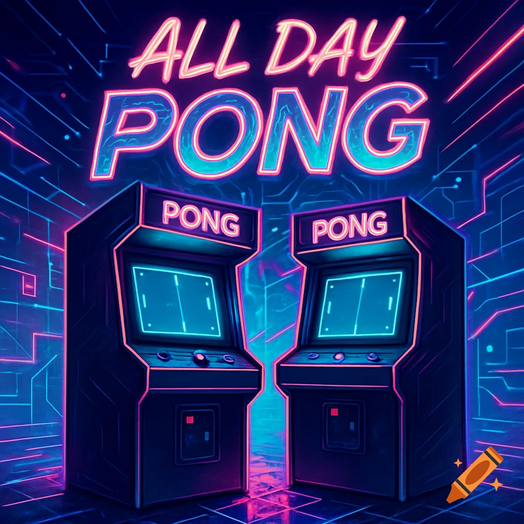Two retro 80s neon arcade cabinets playing Pong, with 'ALL DAY PONG' text above, in a cyber-style room.