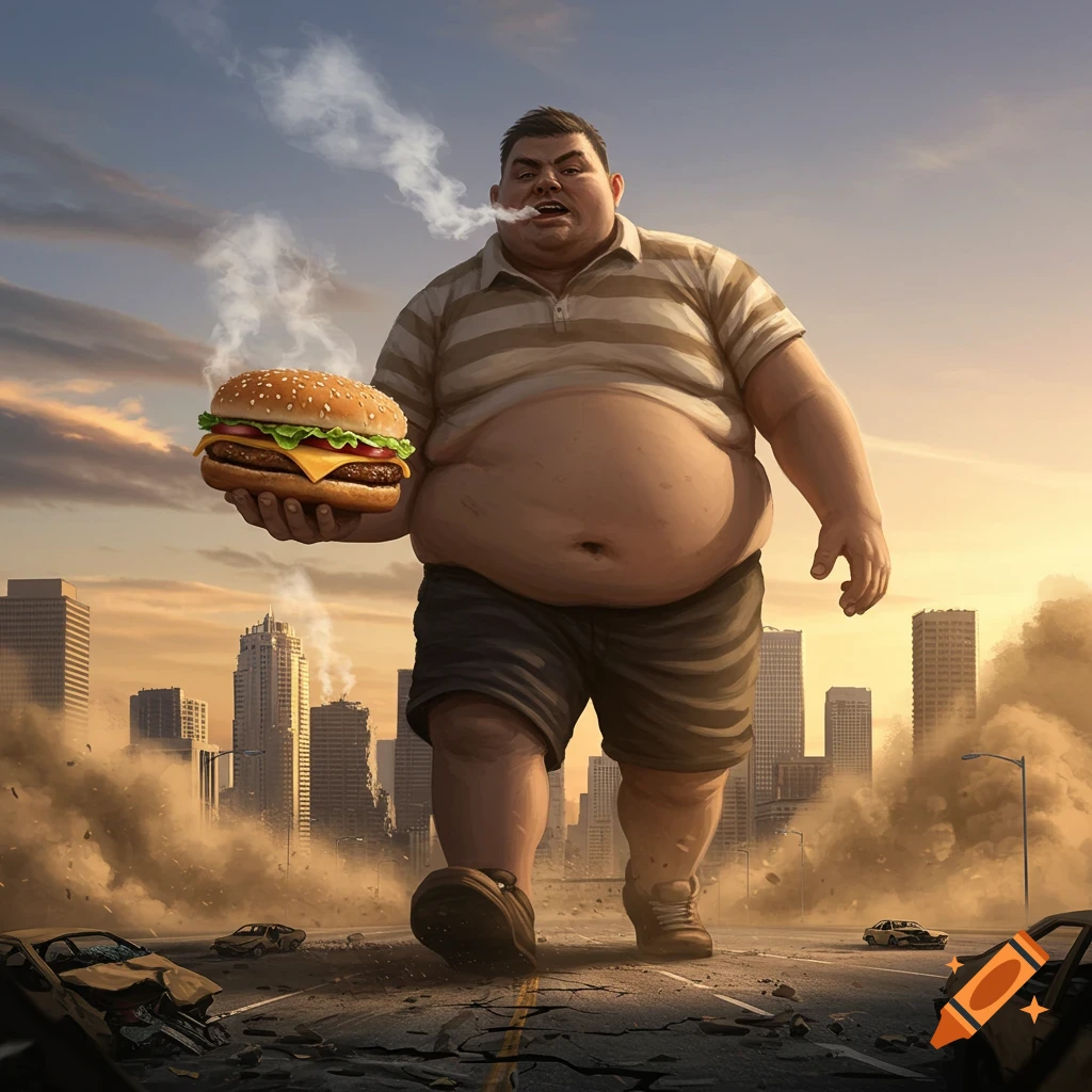 A giant, obese man walks through a destroyed city, holding a huge cheeseburger, with smoke rising from his mouth.