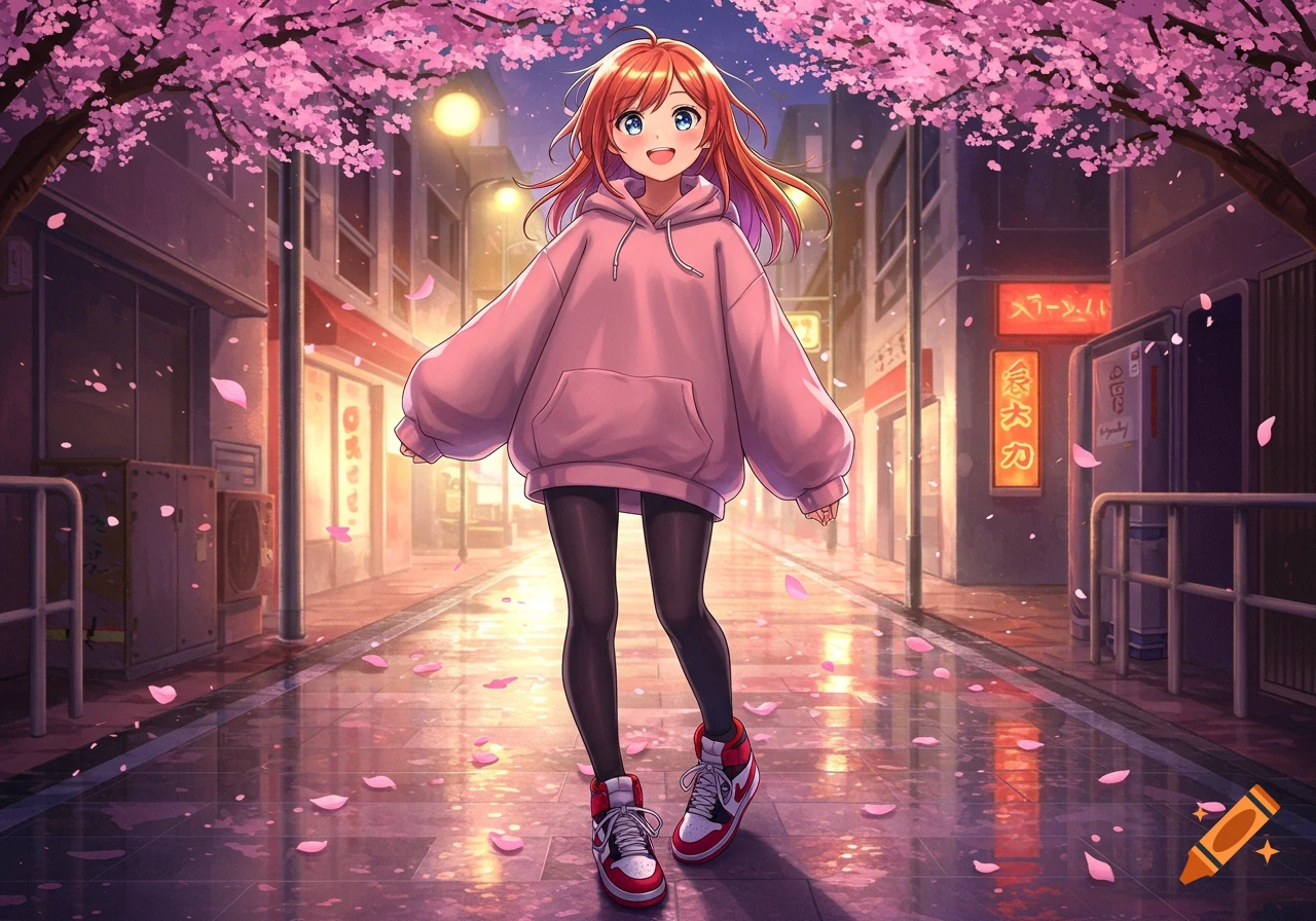 An anime girl with orange hair, a pink hoodie, black leggings, and red high-top sneakers stands on a city street with cherry blossoms.