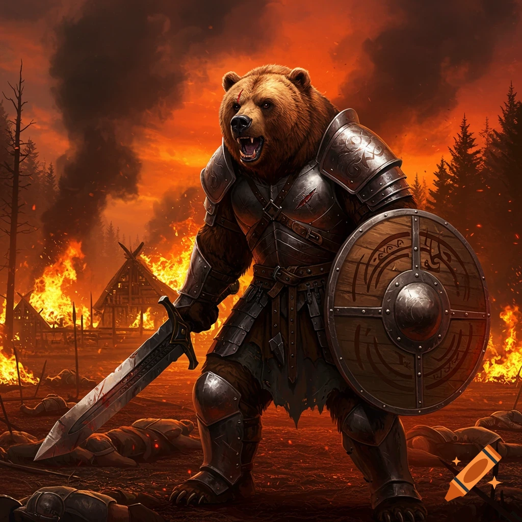 An armored bear warrior with a sword and shield stands in a burning village with fallen bodies, a scar on its left eyebrow.