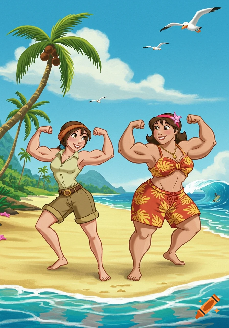 Cartoon image of two muscular women, one in safari attire and one in a bikini, flexing their biceps on a tropical beach.