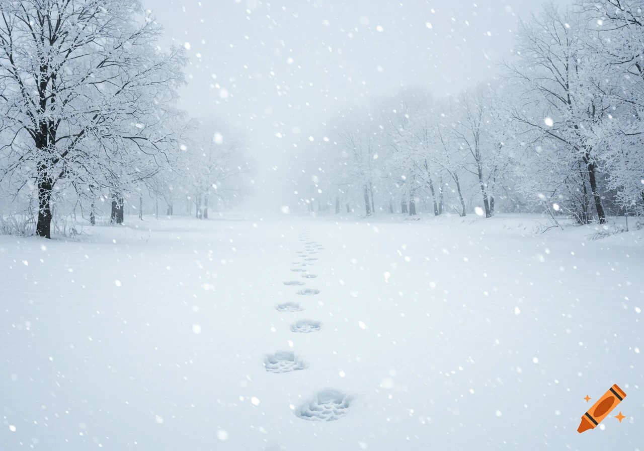 Photorealistic image of footprints in deep snow leading through a winter forest during a heavy snowfall.