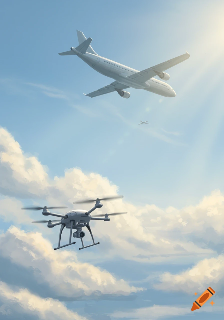 A drone flies below a passenger aircraft in a bright blue sky with white clouds, in an illustrative style.