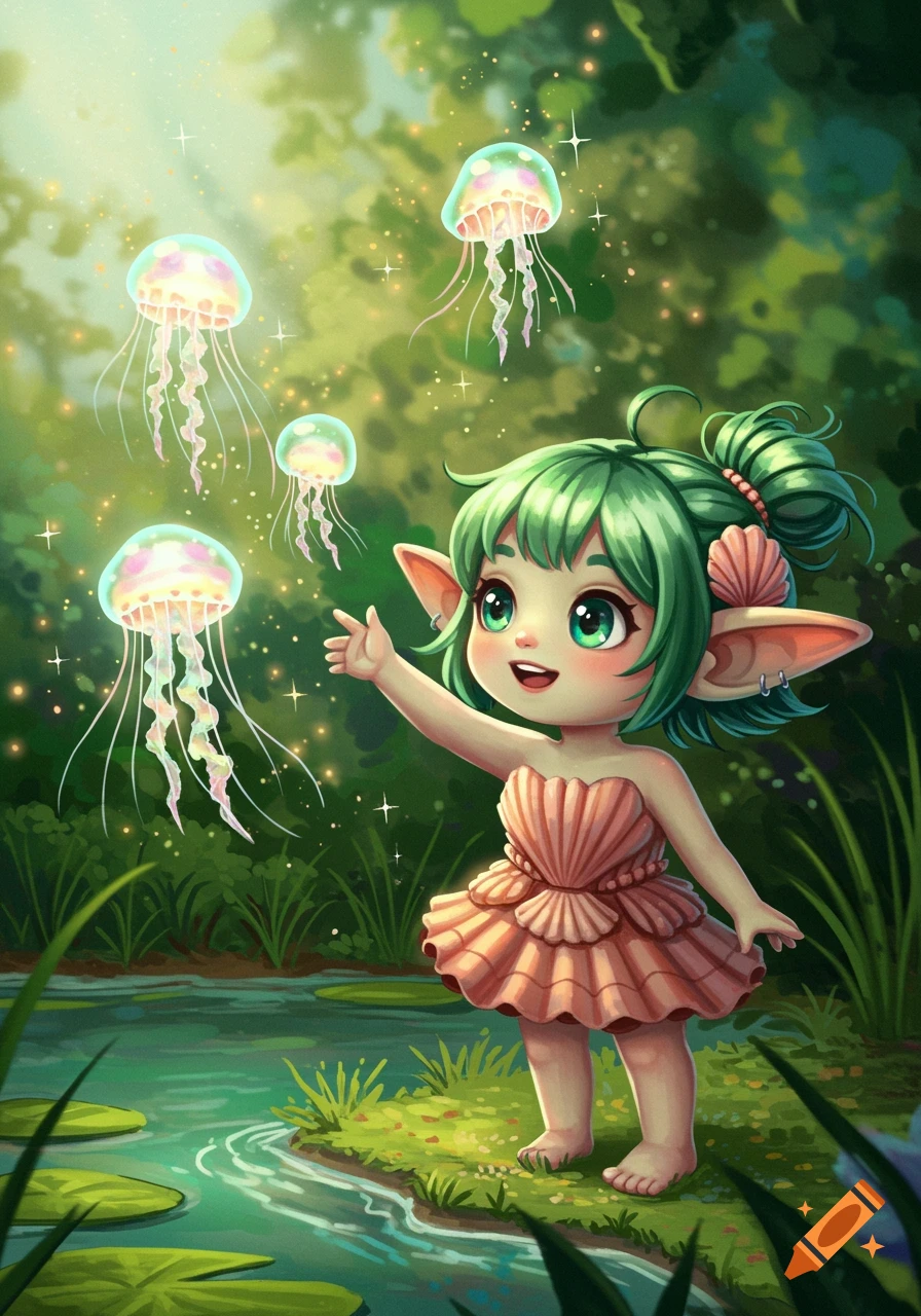 A cute green-haired fairy-like girl in a shell dress reaches out to glowing jellyfish by a pond in a magical forest.
