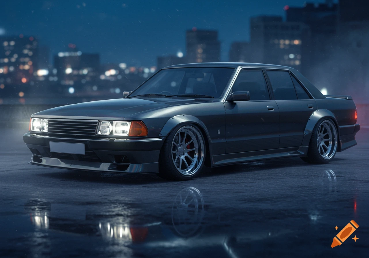 A dark grey widebody Ford Granada sedan on a wet city street at night, with blurred city lights in the background.