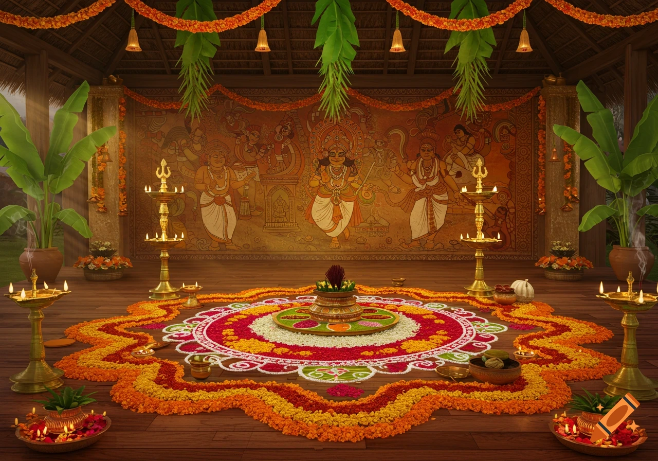 Ornate Onam festival stage with a colorful flower rangoli, traditional lamps, and an Indian mural, photorealistic.