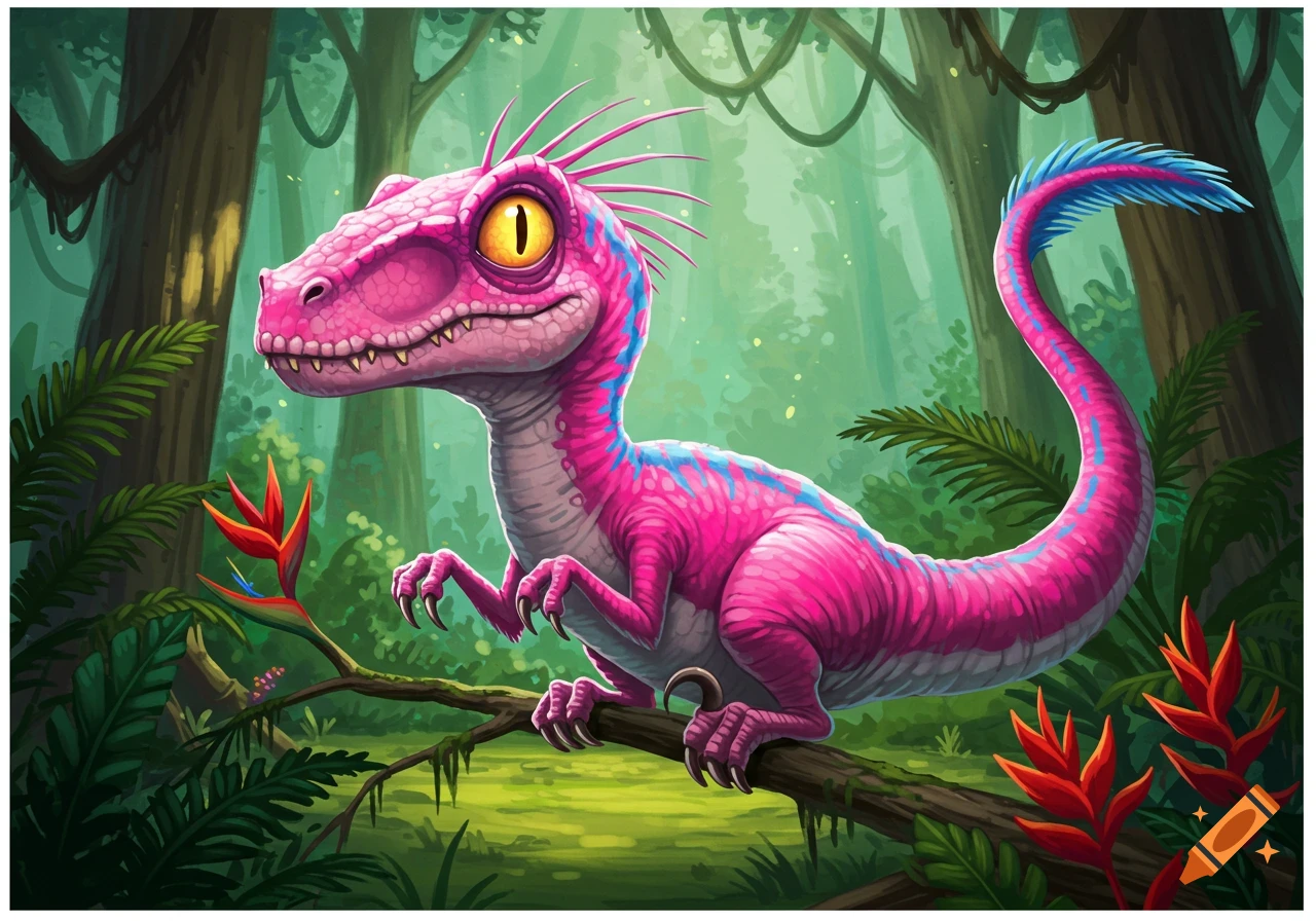 A vibrant pink cartoon velociraptor with blue stripes and yellow eyes perches on a branch in a lush, green jungle.