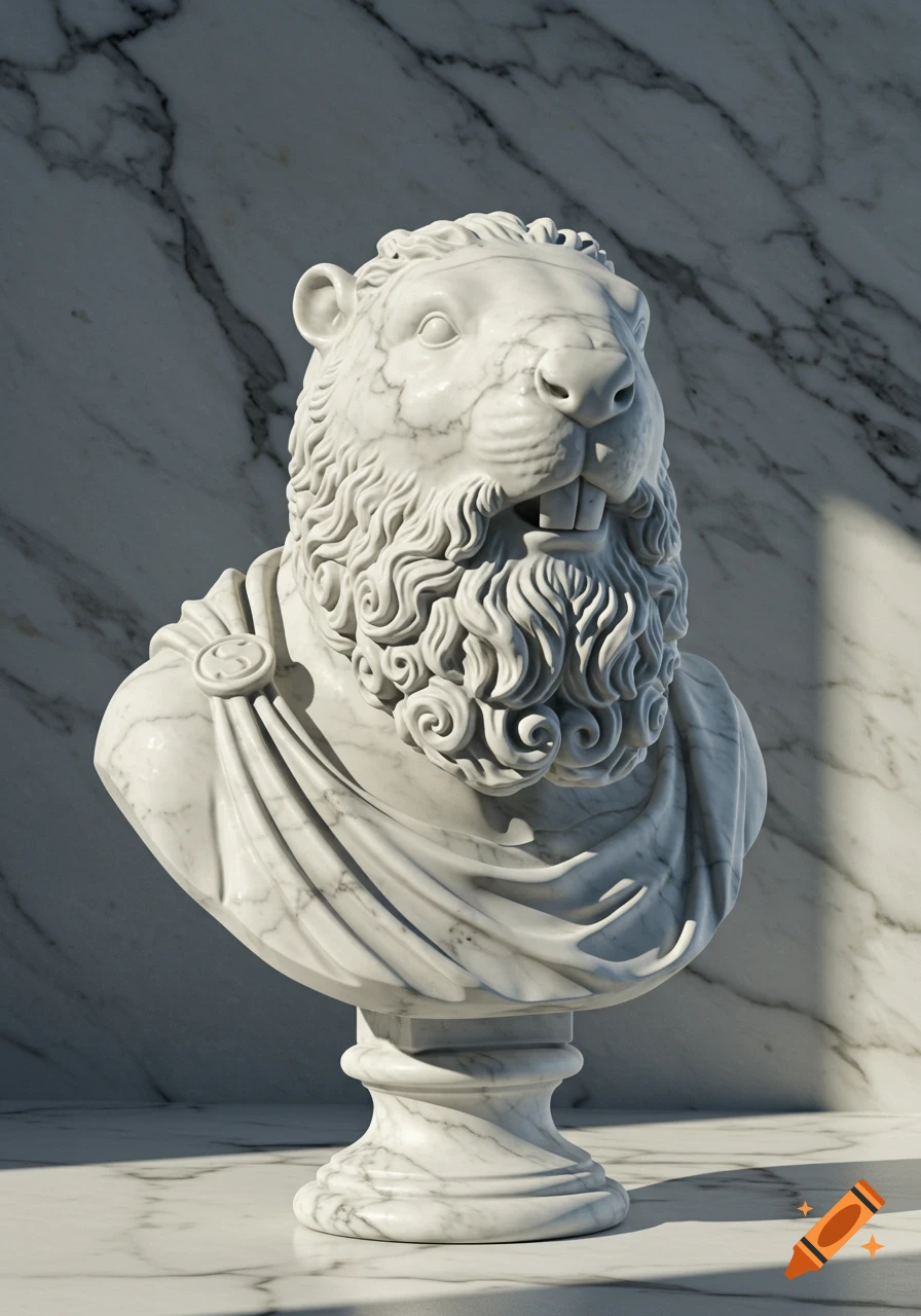 White marble bust of a beaver with a bushy beard, styled like a Roman emperor sculpture, against a marble background with sunlight.
