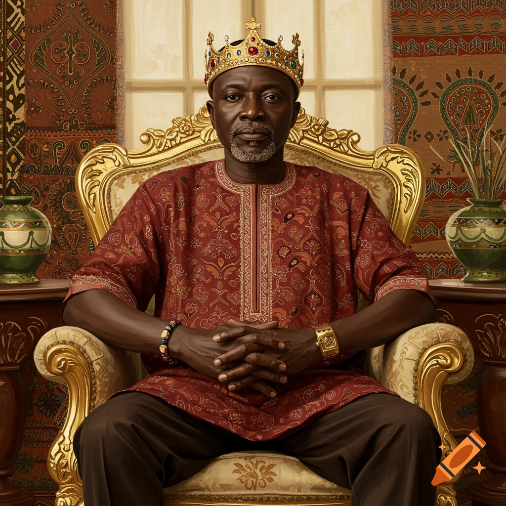 Photorealistic portrait of an African king wearing a gold crown, seated on an ornate golden throne in a richly decorated room.